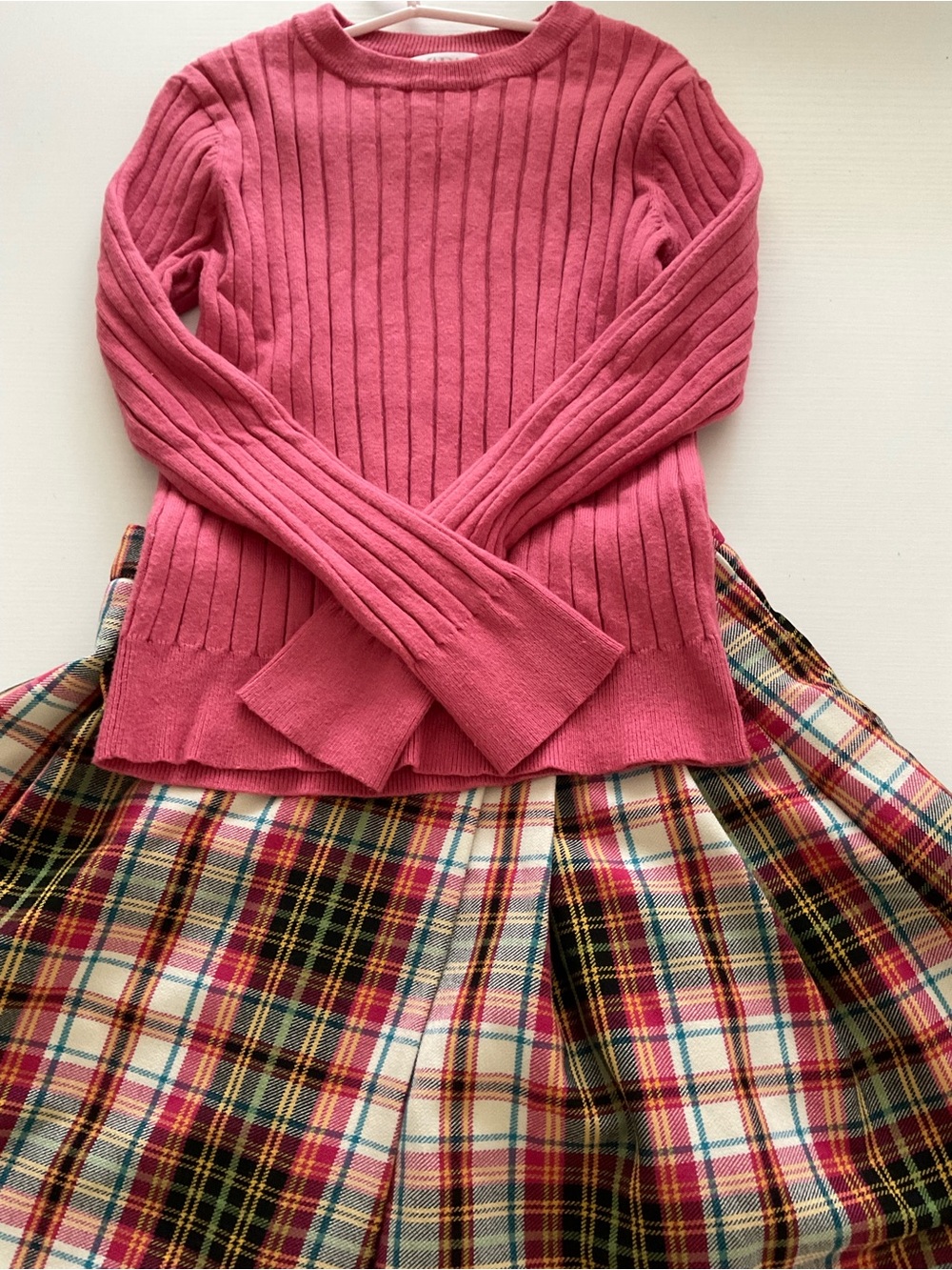 Zara Pink Ribbed Knit Top with Plaid Skirt